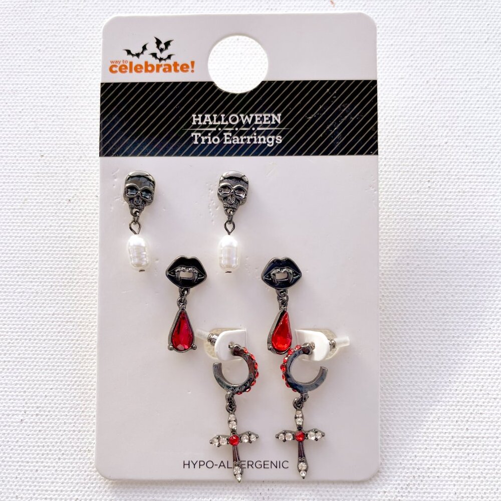 Way to Celebrate Halloween Earrings, Gothic, Silvertone,‎ Black and Red, 3 Pairs